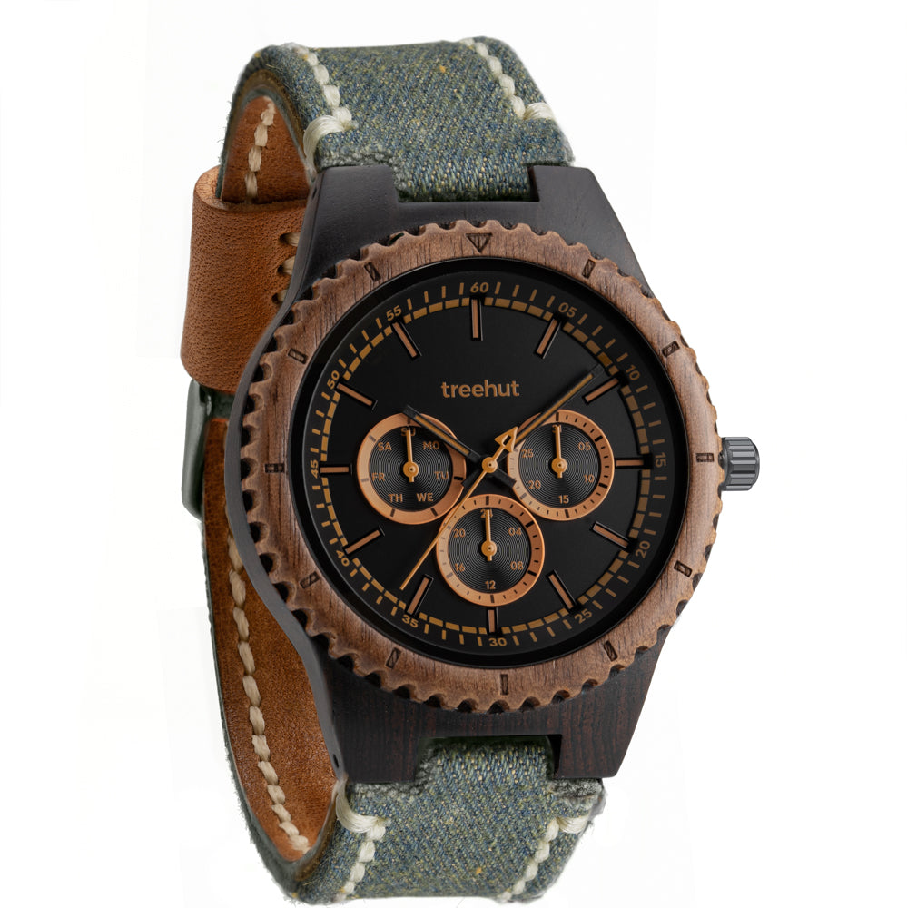 Classic Multifunction Blue Denim Men's Wooden Watch