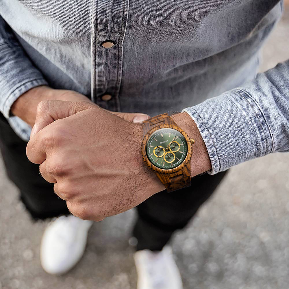 Classic Multifunction Zebrawood Green Men's Wooden Watch