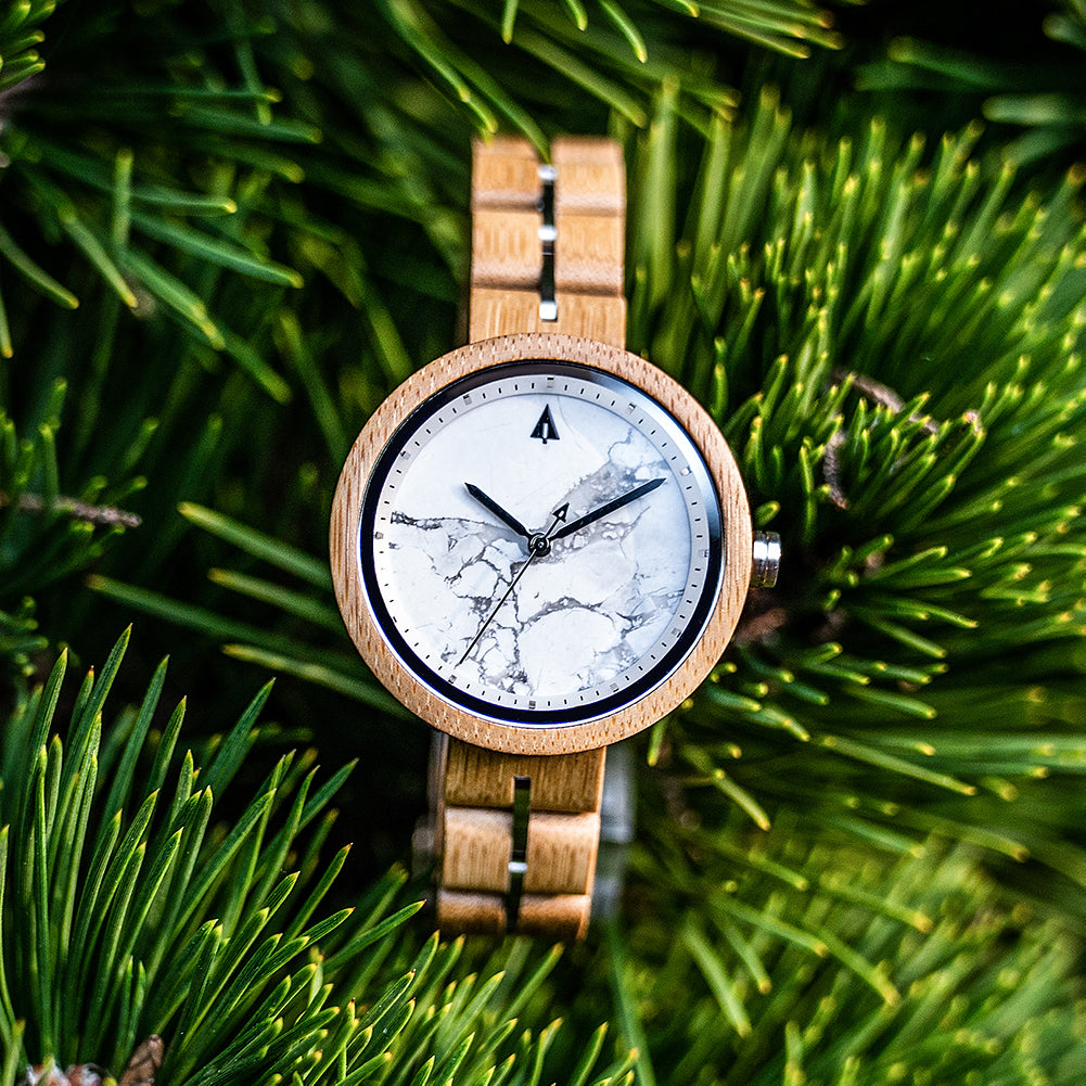 Theory Bamboo White Marble Women's Wooden Watch