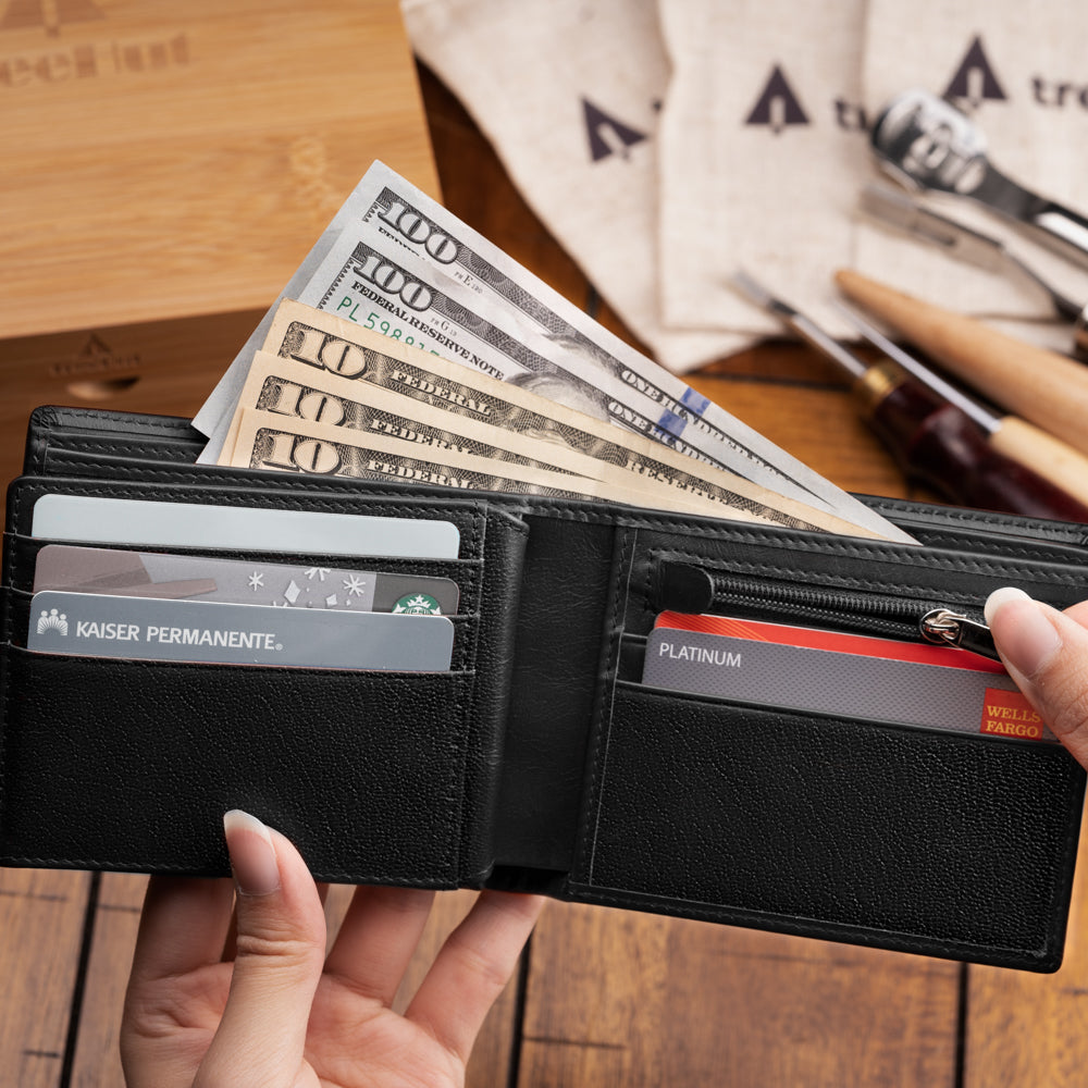 Black Bi-Fold High Capacity Wallet Men's Genuine Leather Wallet