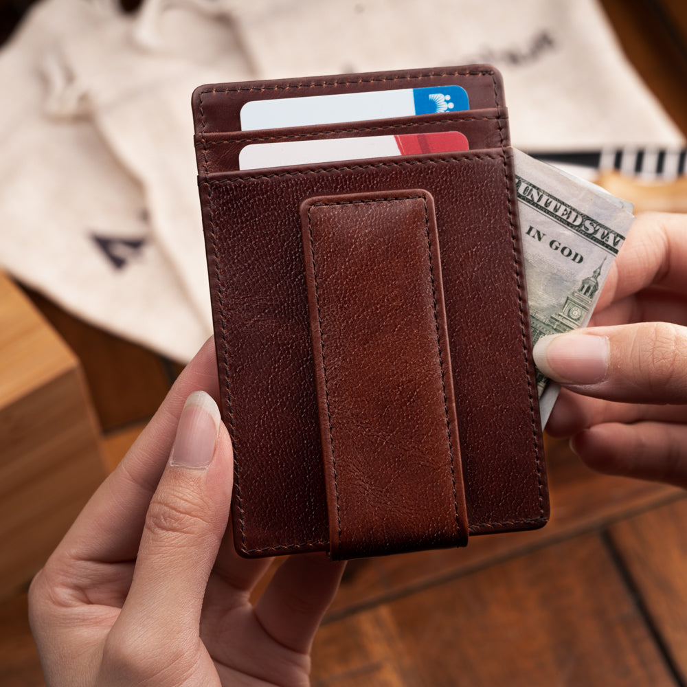 Brown Vertical Card Case With Clip Men's Genuine Leather Wallet