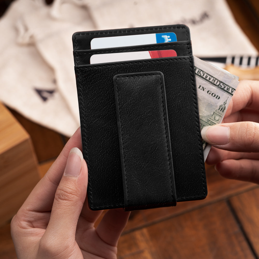 Black Vertical Card Case With Clip Men's Genuine Leather Wallet