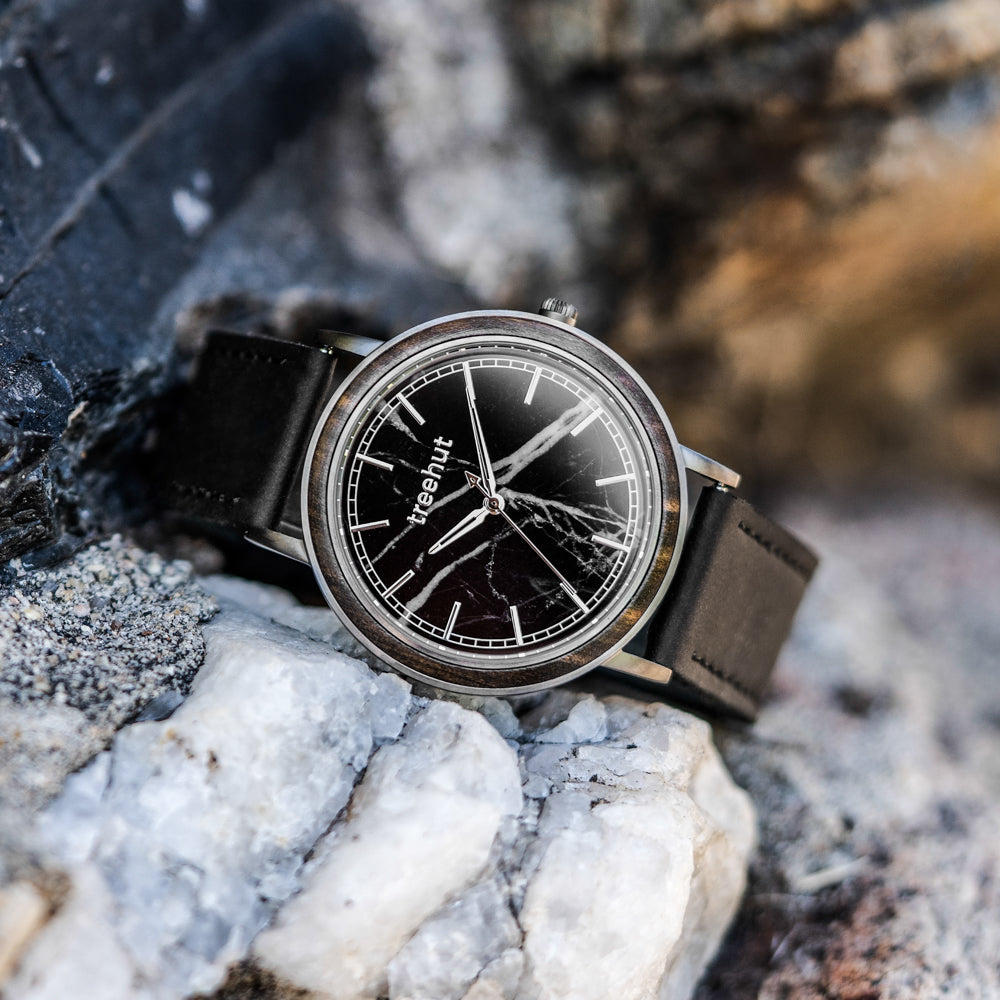 Bay Black Marble Ebony Men's Stainless Steel Wooden Watch