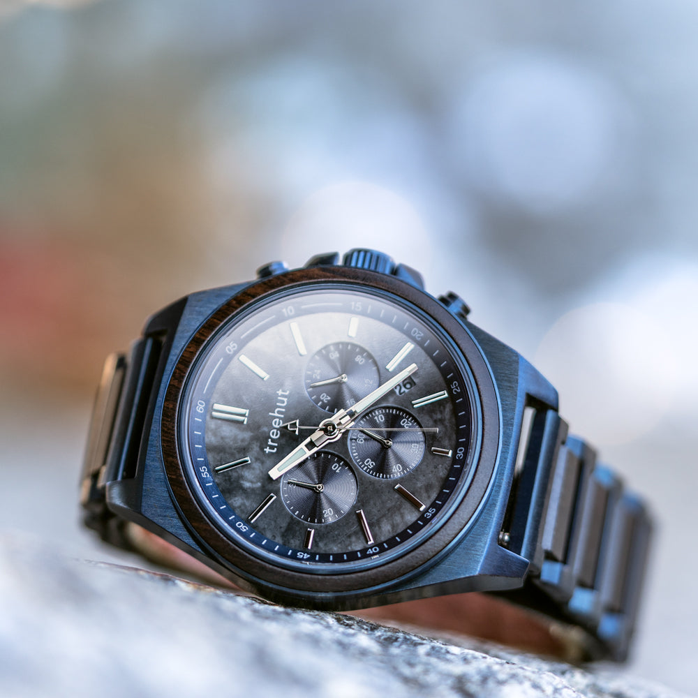 Aster Grey Marble Ebony Men's Chrono Stainless Steel Wooden Watch