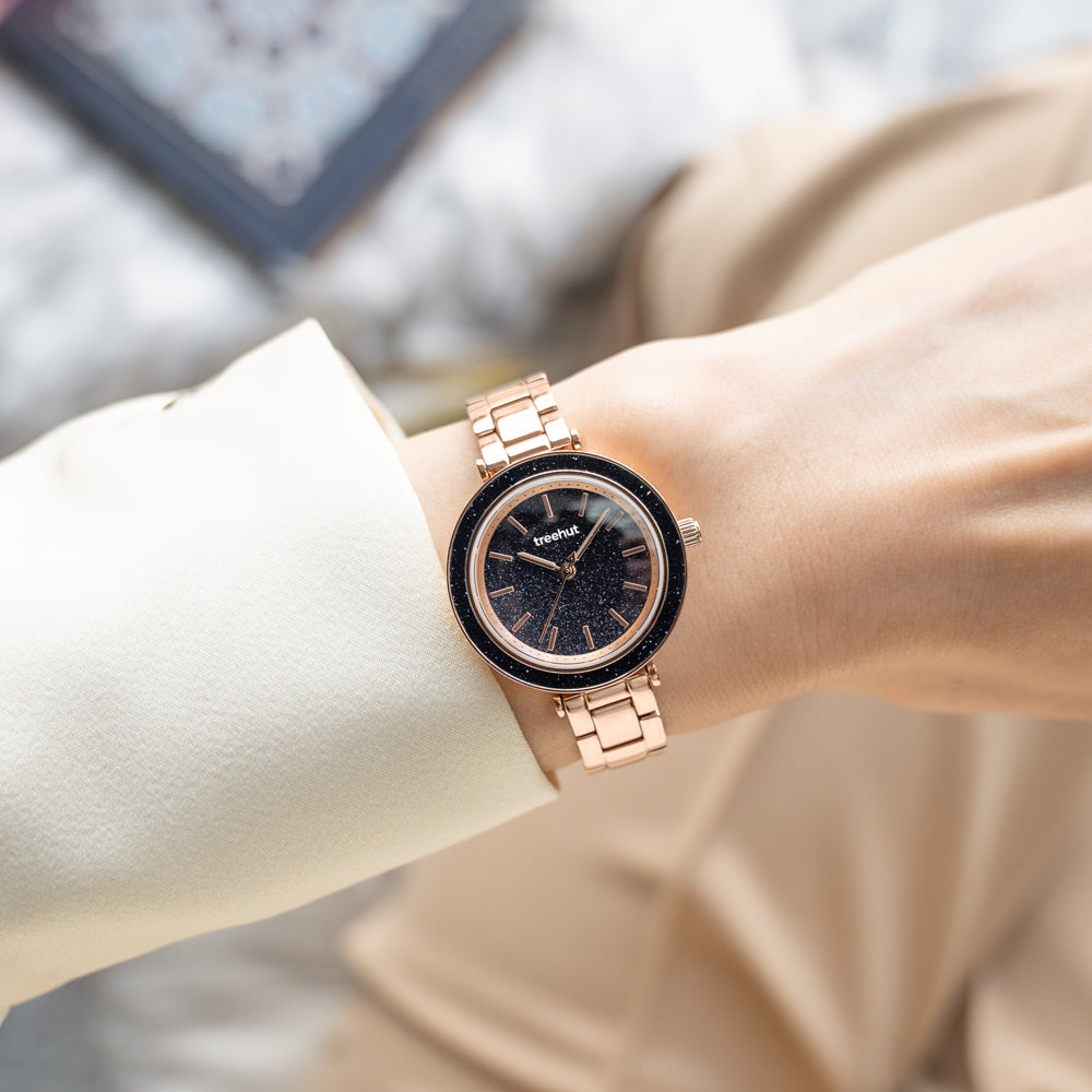 woman wearing engraved wood watch