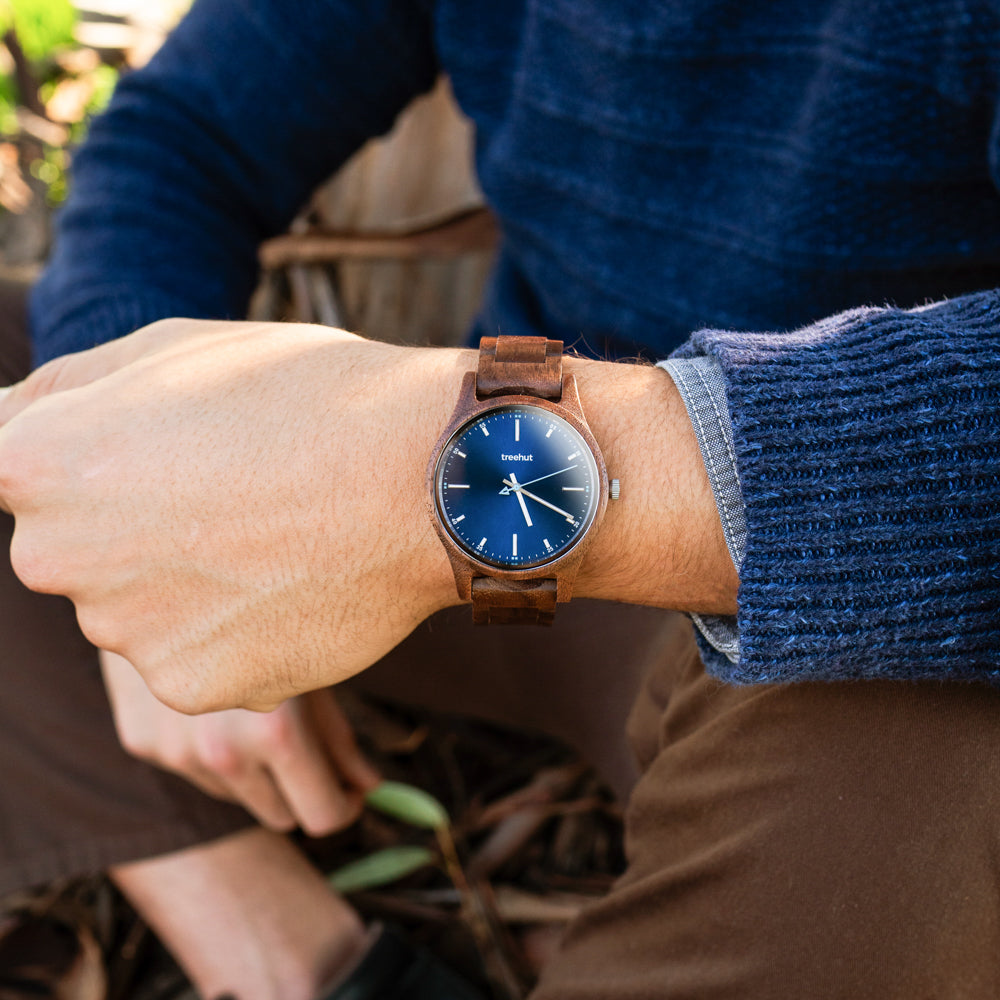 Couples Walnut Blue Couples Wooden Watch