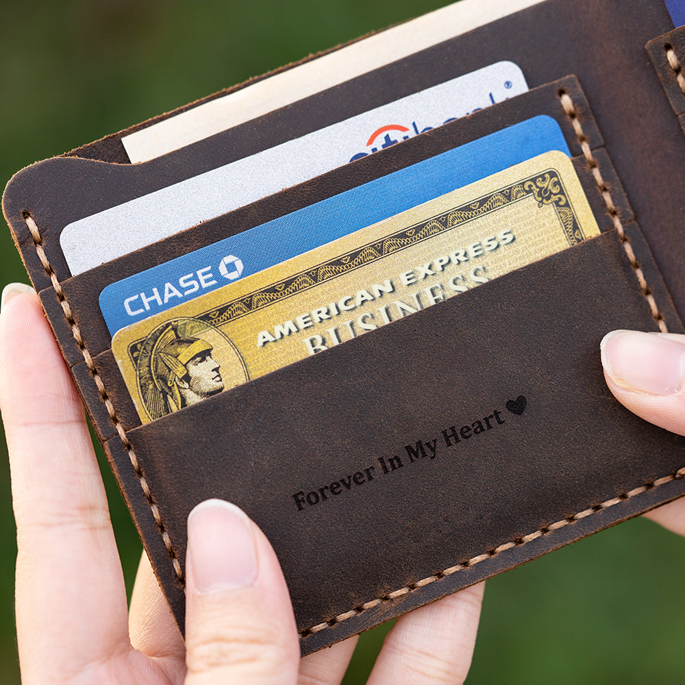 engraved black leather trifold wallet