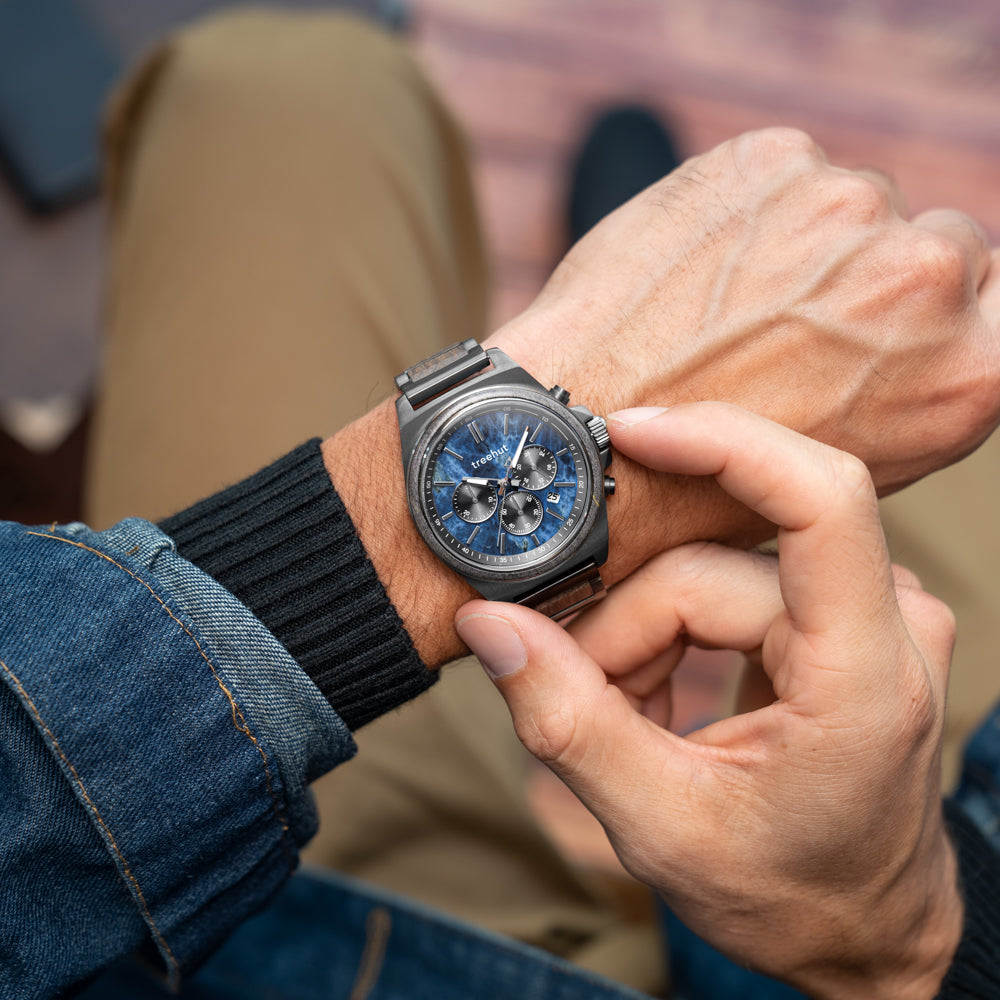 Aster Blue Marble Grey Maple Men's Chrono Stainless Steel Wooden Watch