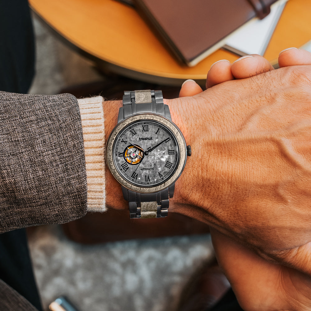 Atlas Maple Grey Marble Men's Stainless Steel Wooden Watch