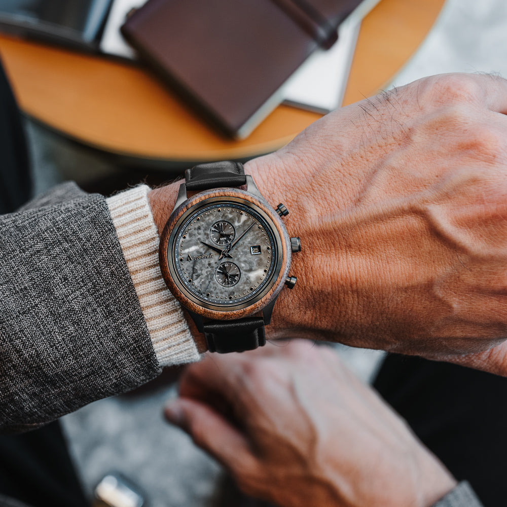 Treehut Rise Grey Marble Black Men's Stainless Steel Wooden Watch