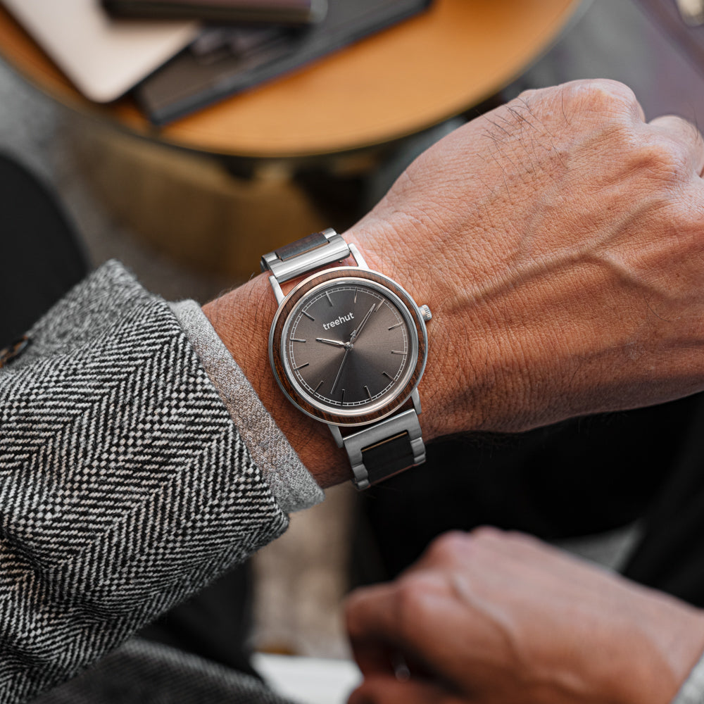 Bay Ebony Grey Sunray Silver Men's Stainless Steel Wooden Watch