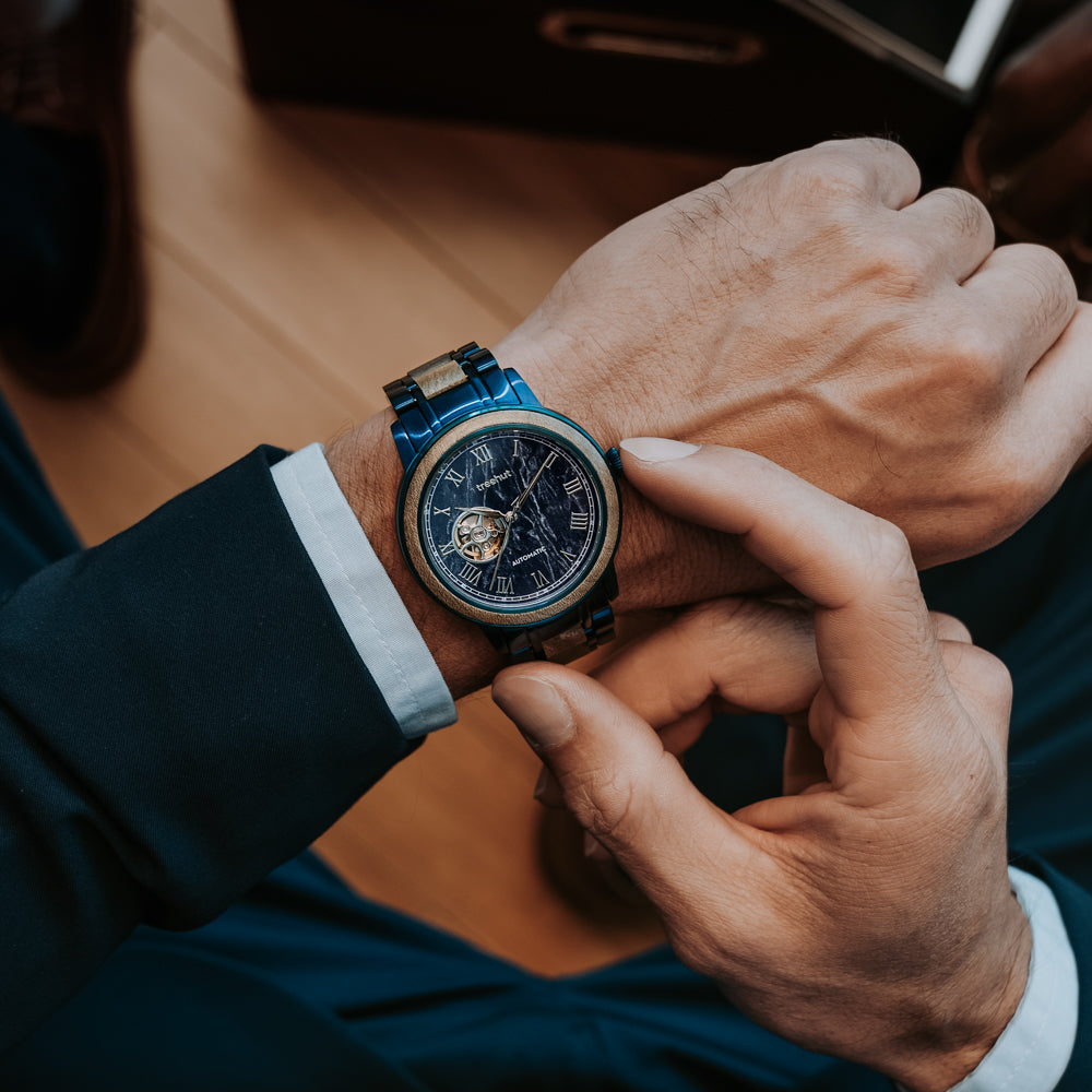 Atlas Maple Blue Marble Men's Stainless Steel Wooden Watch Watch