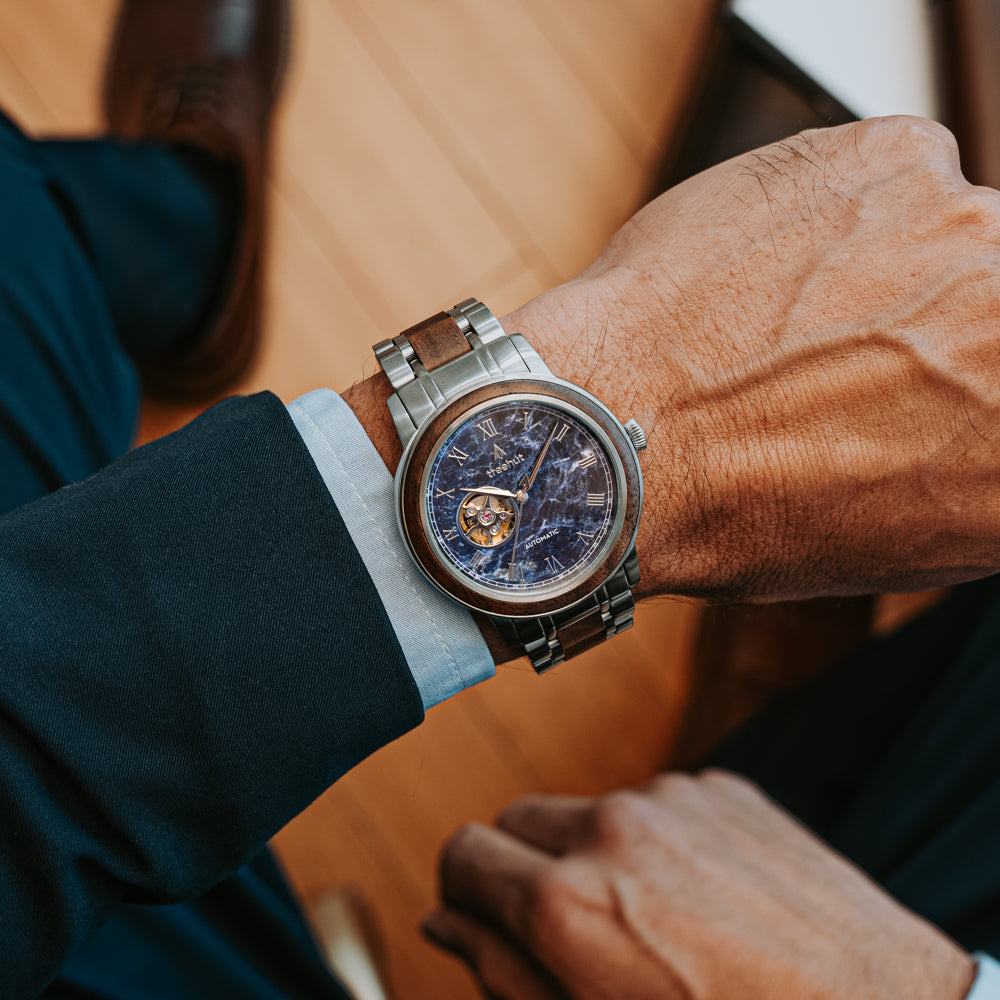 Atlas Walnut Blue Marble Men's Stainless Steel Wooden Watch
