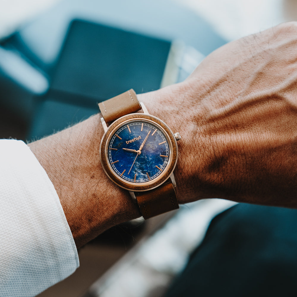 Bay Blue Marble Rose Gold Men's Stainless Steel Wooden Watch
