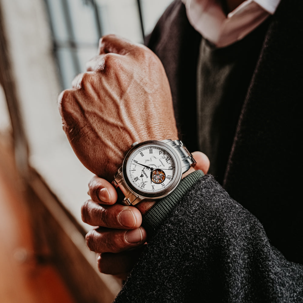 Atlas Ebony White Marble Men's Stainless Steel Wooden Watch