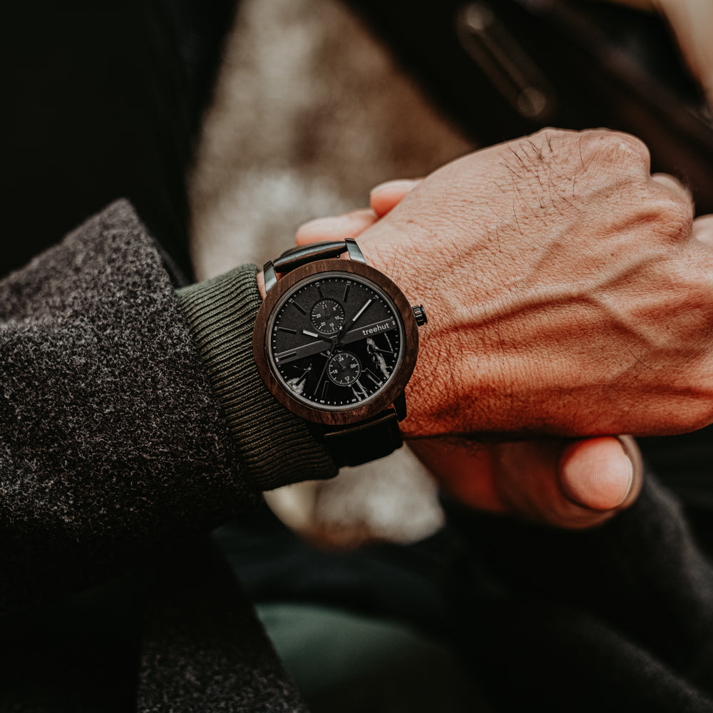 Tao Marble Black Leather Men's Stainless Steel Wooden Watch