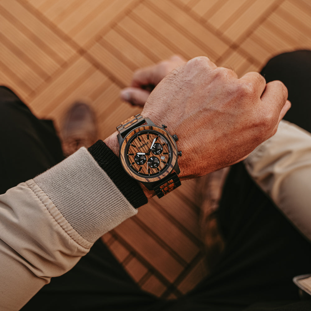 Huxley Zebrawood Black Men's Chrono Stainless Steel Wooden Watch