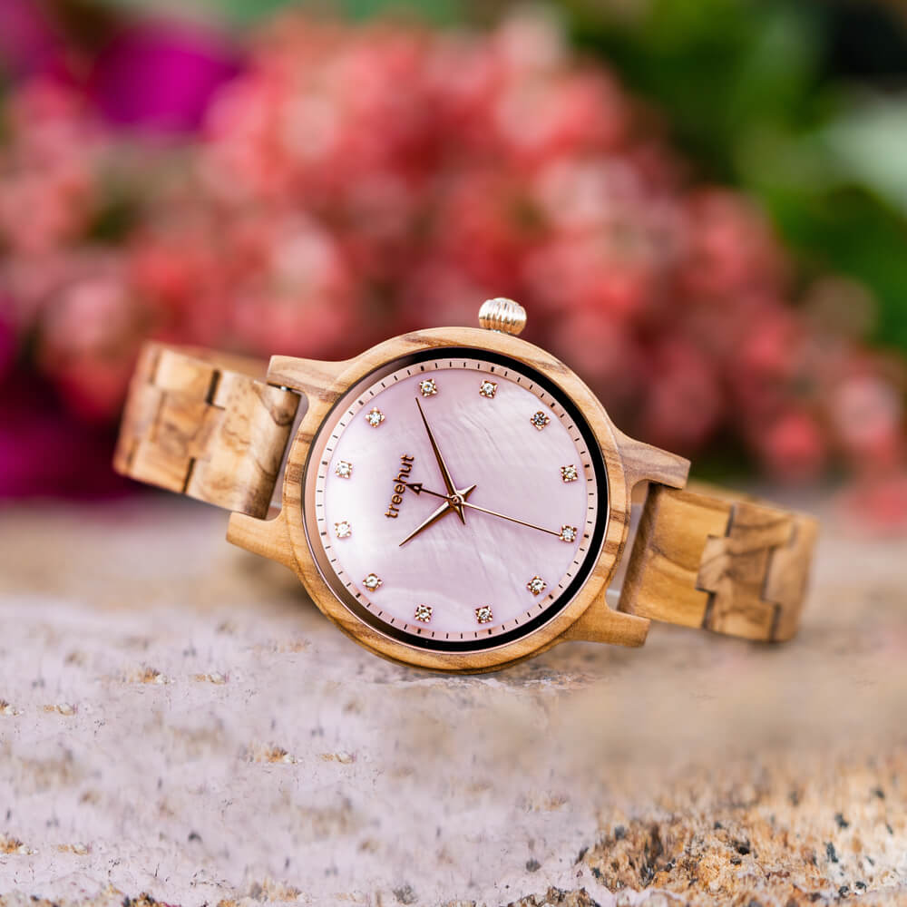 Emma Pearl Olive Rose Gold Women's Wooden Watch