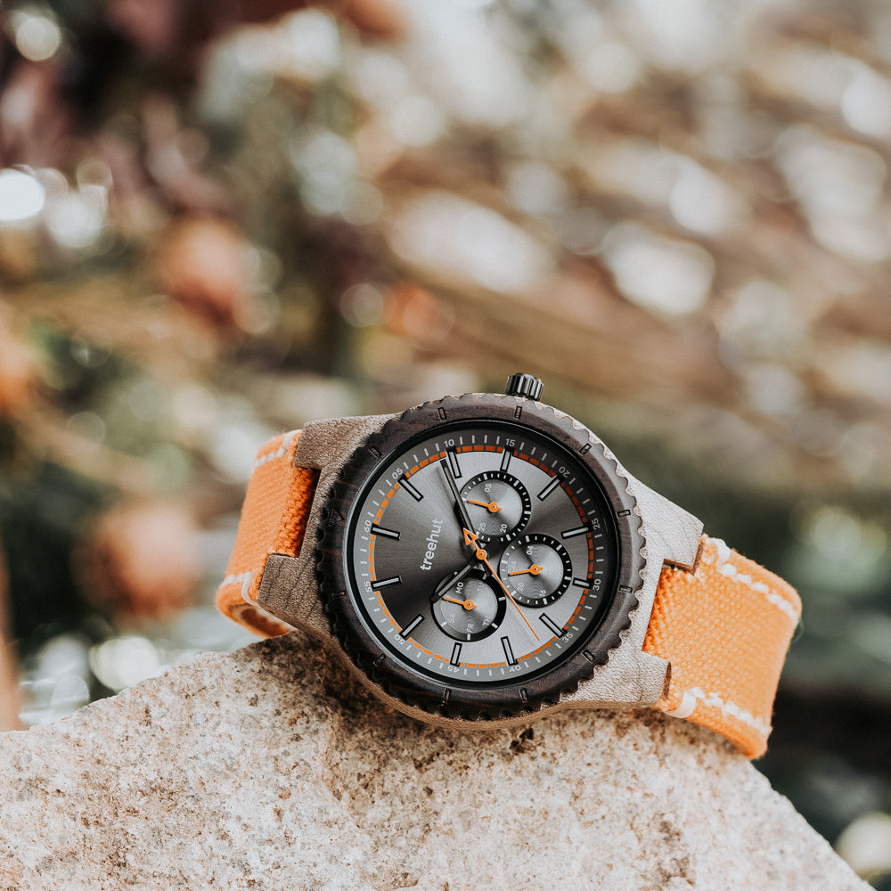 Classic Multifunction Orange Denim Men's Wooden Watch