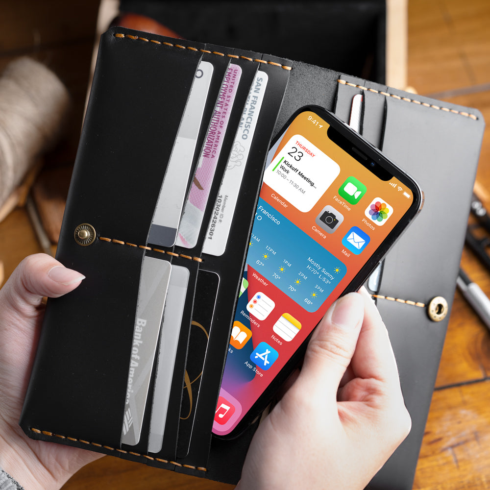 Black Bi-fold Passport Folio Men's Genuine Leather Wallet