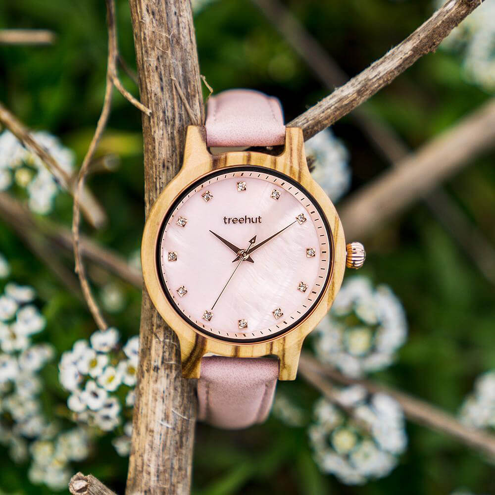 Emma Pearl Olive Rose Pink Women's Wooden Watch