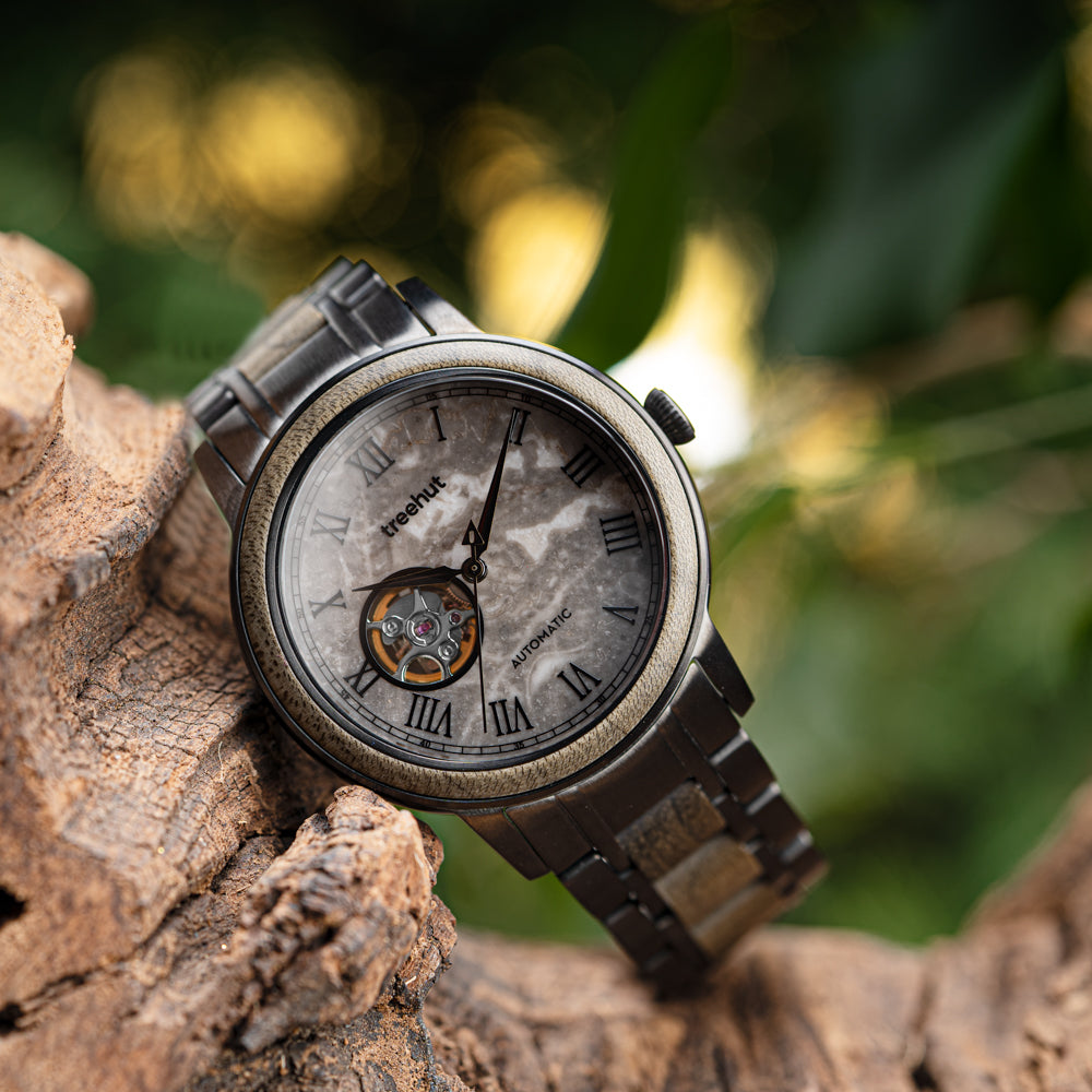 Atlas Maple Grey Marble Men's Stainless Steel Wooden Watch