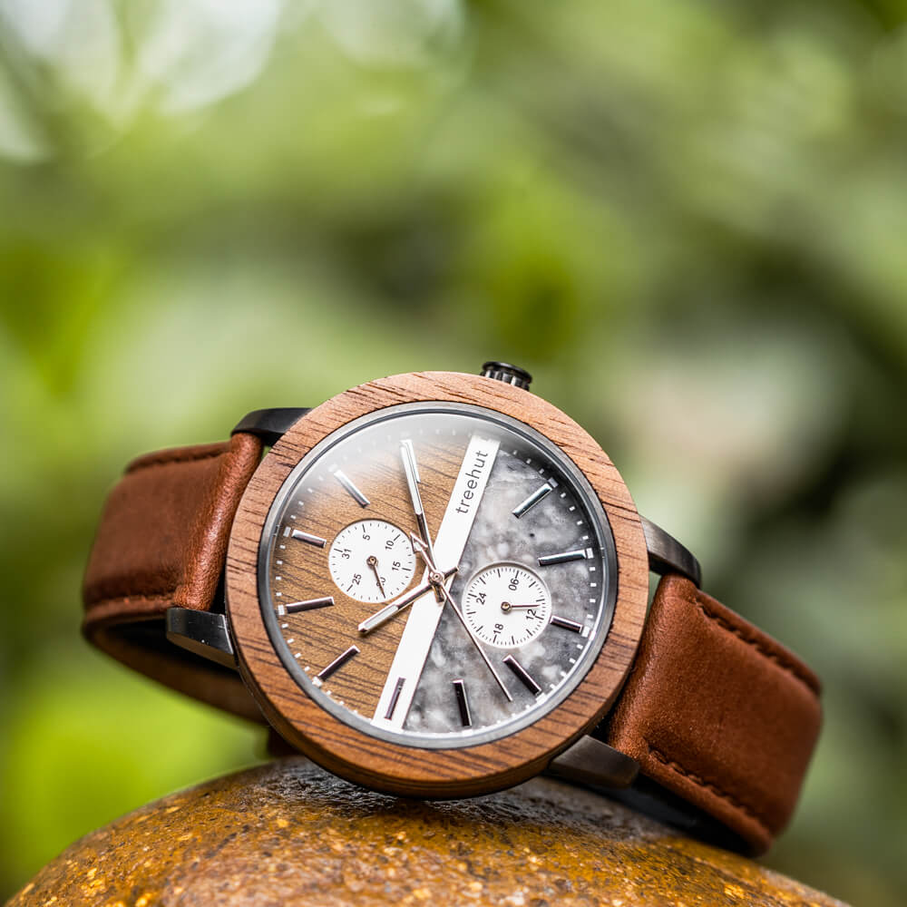 Treehut Tao Marble Cognac Leather Men's Stainless Steel Wooden watch