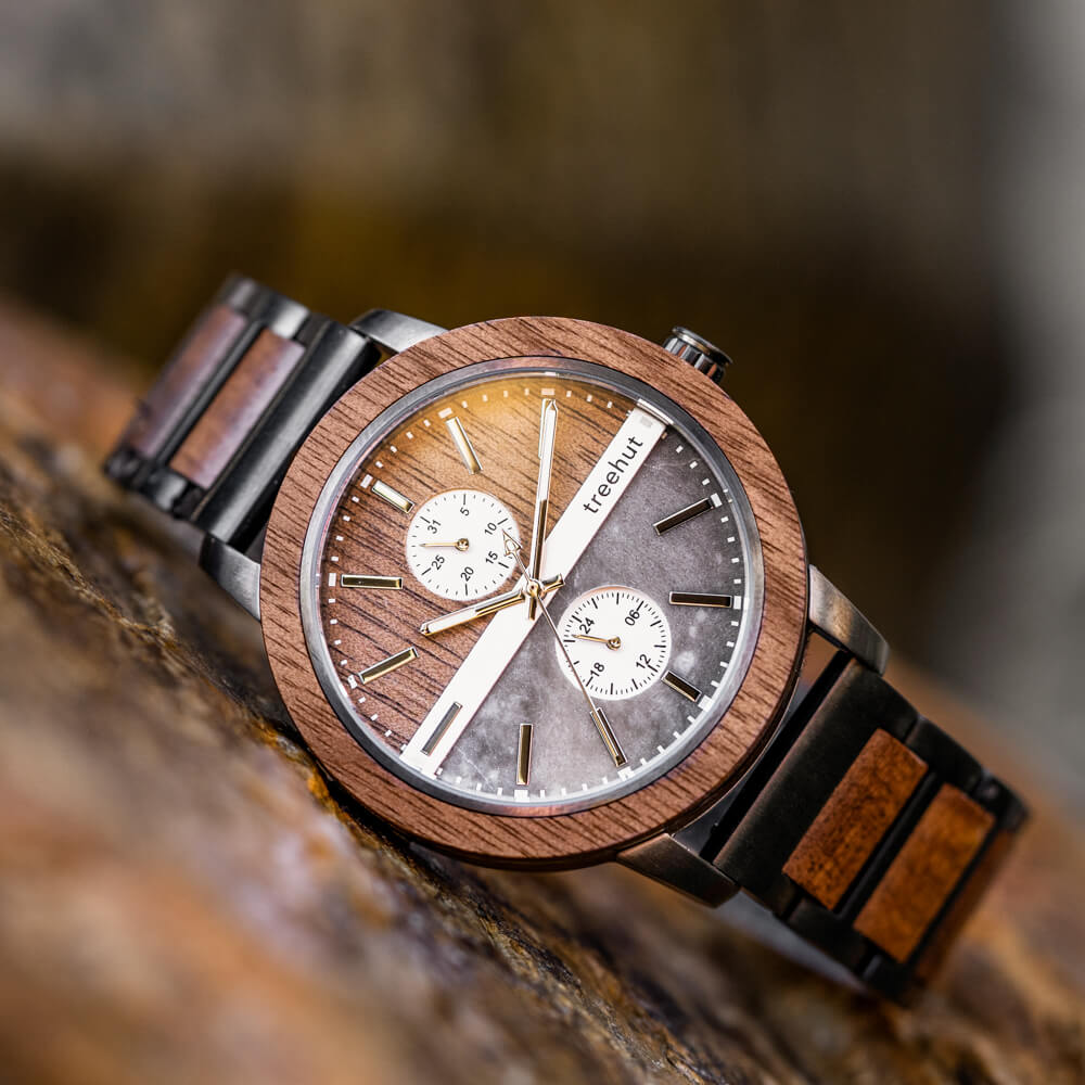 Tao Grey Marble Walnut Men's Stainless Steel Wooden Watch