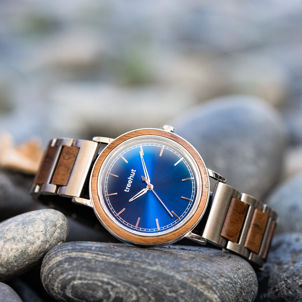 Bay Walnut Blue Sunray Silver Men's Stainless Steel Wooden Watch