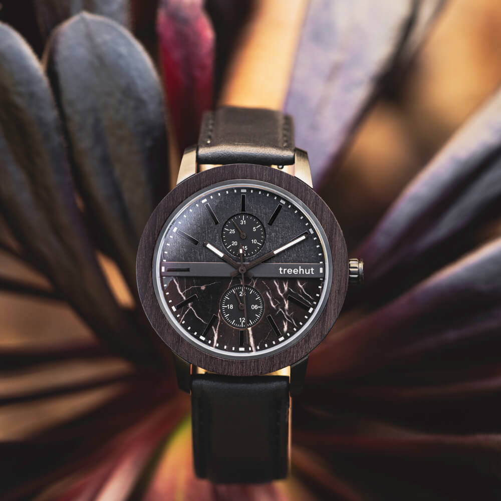 Tao Marble Black Leather Men's Stainless Steel Wooden Watch