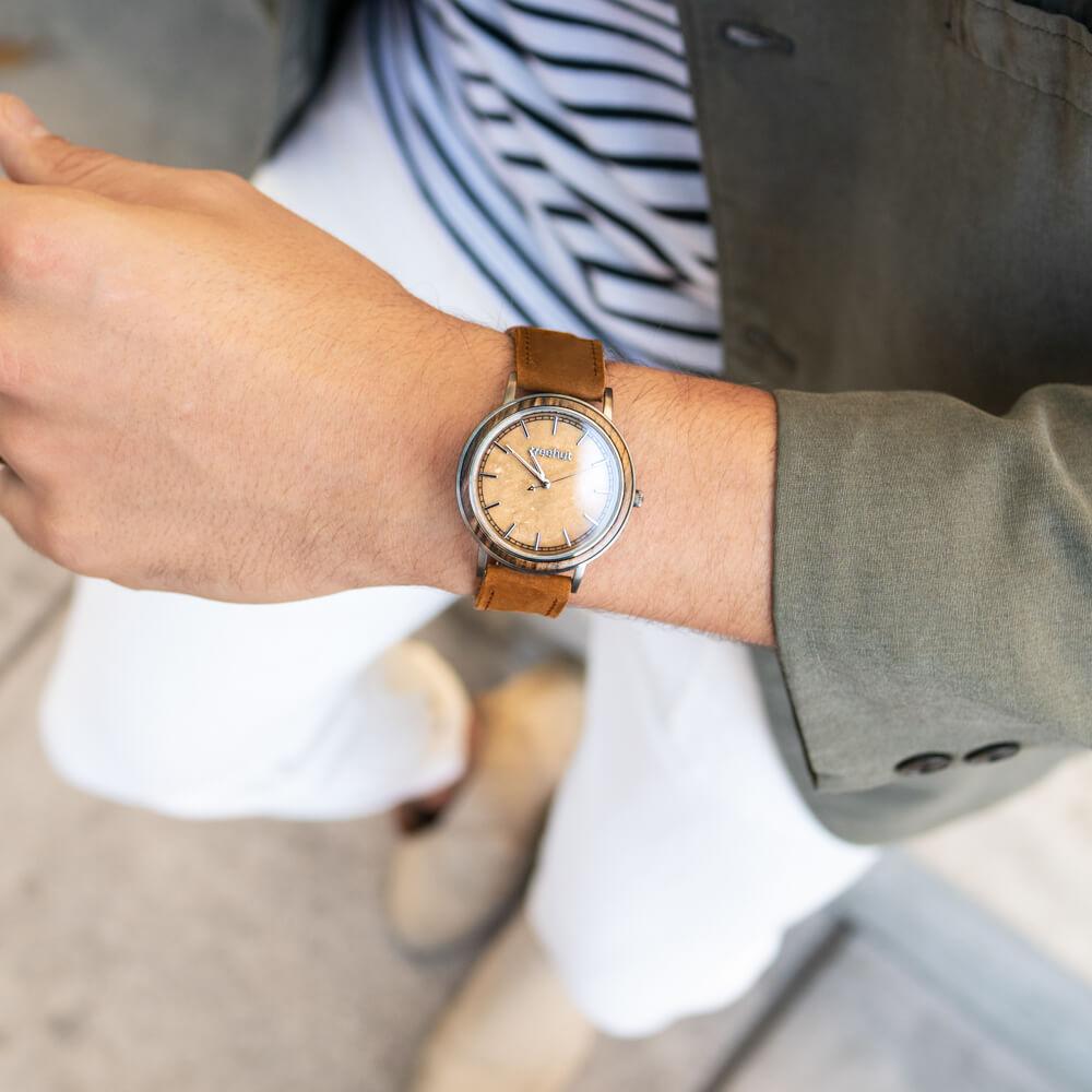 Bay Marble Cappuccino Men's Stainless Steel Wooden Watch
