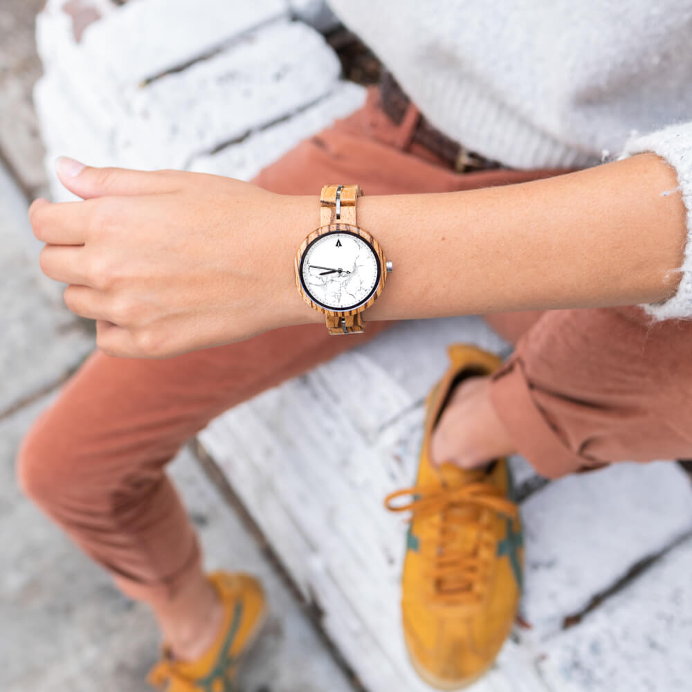 Theory Bamboo White Marble Women's Wooden Watch