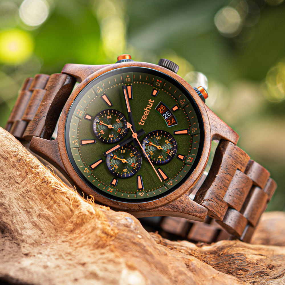 Green dial and walnut wood chronograph watch for men