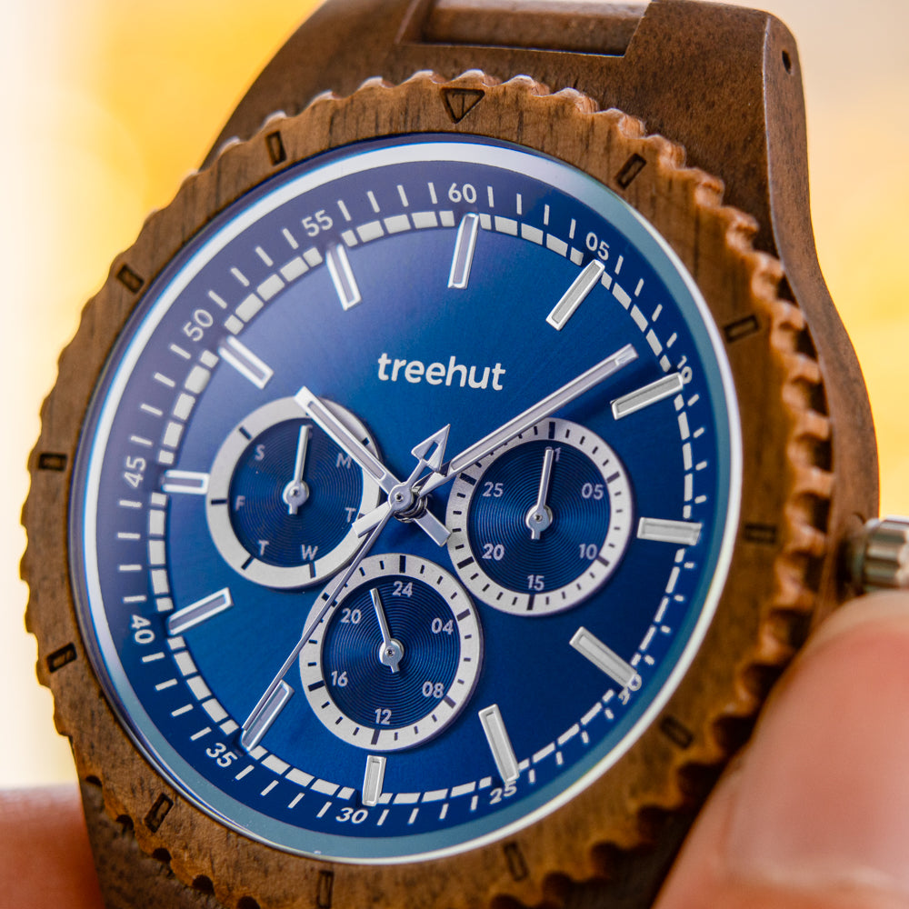 Classic Multifunction Walnut Blue Men's Wooden Watch