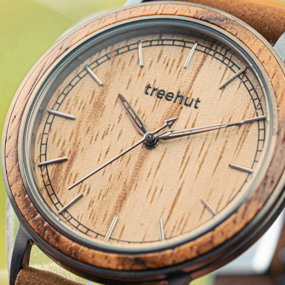 Bay Zebrawood Gunmetal Men's Leather Stainless Steel Wooden Watch