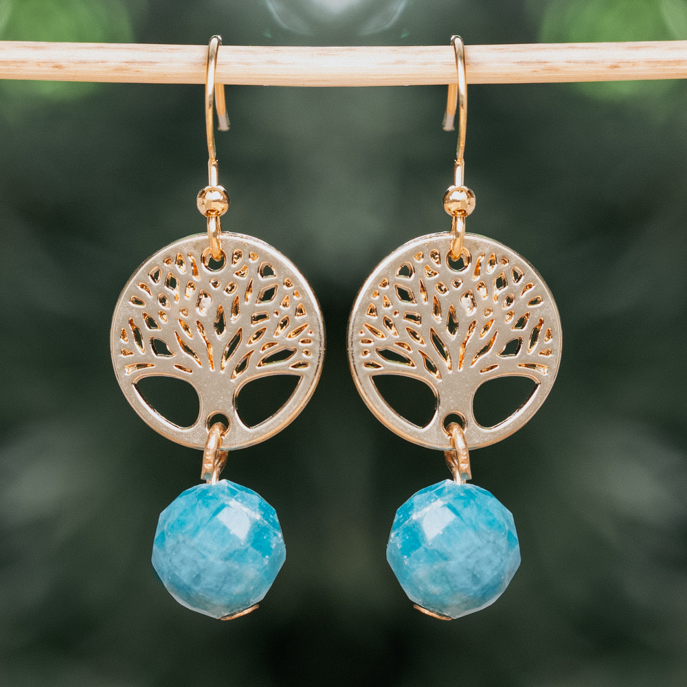 Blue and gold tree of life earrings with blue apatite stones