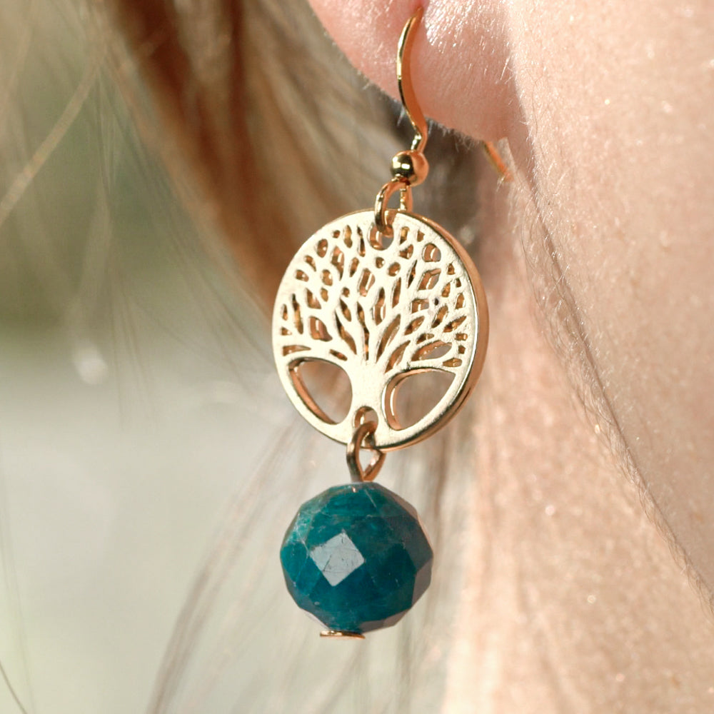 Treehut natural stone earrings with tree of life charm and blue apatite