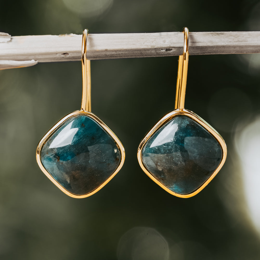 Gold and dark blue natural apatite stone earrings