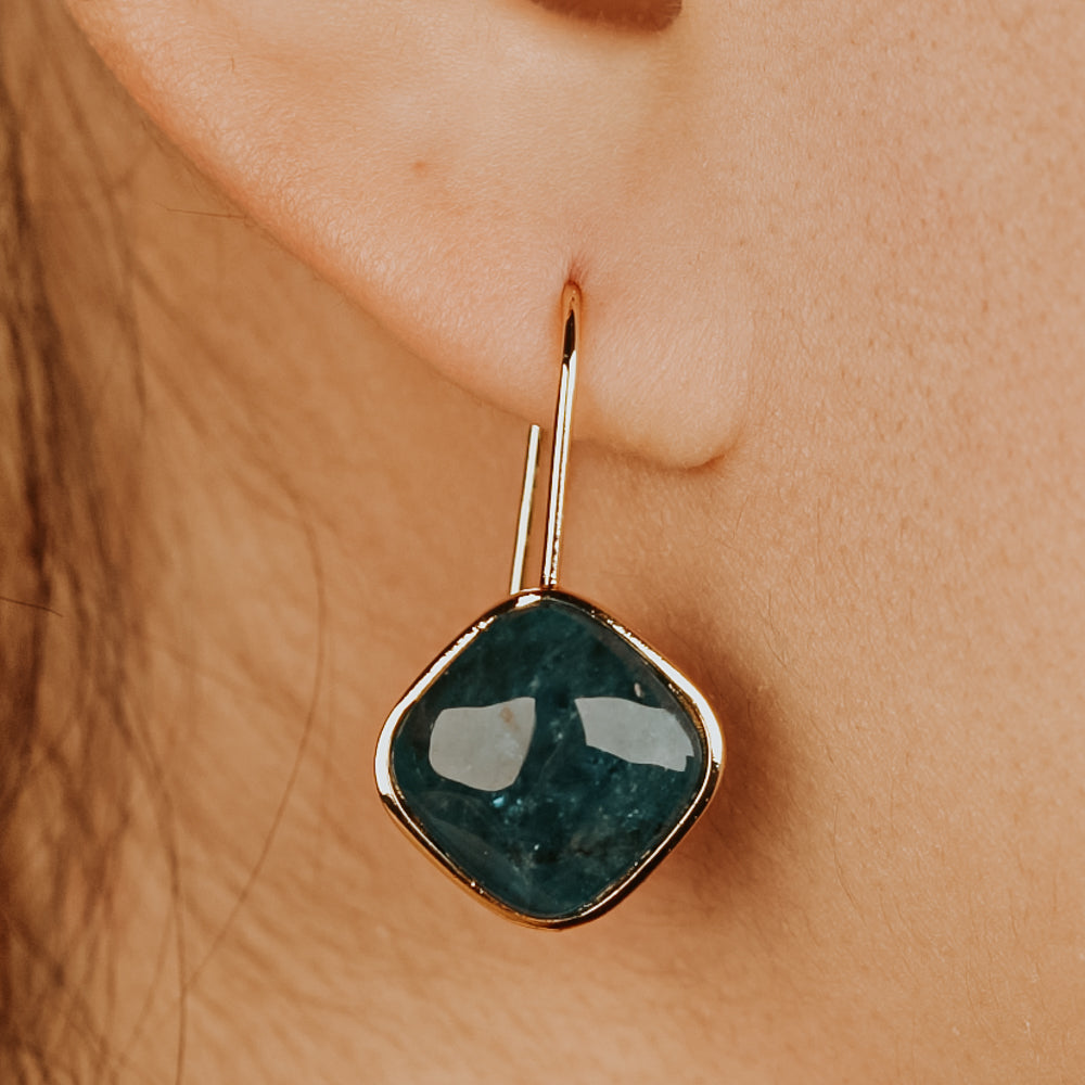 Gold and blue geometrical apatite stone earrings