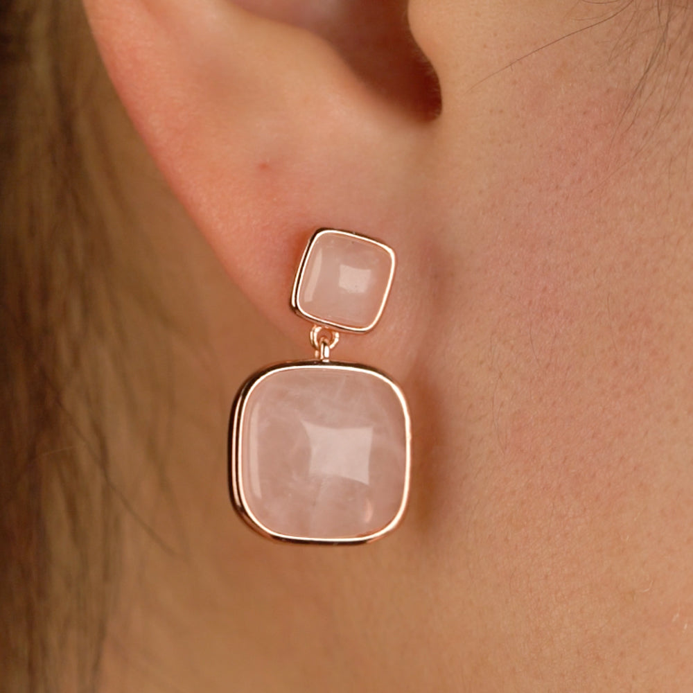 Pink and gold square rose quartz natural stone drop earrings