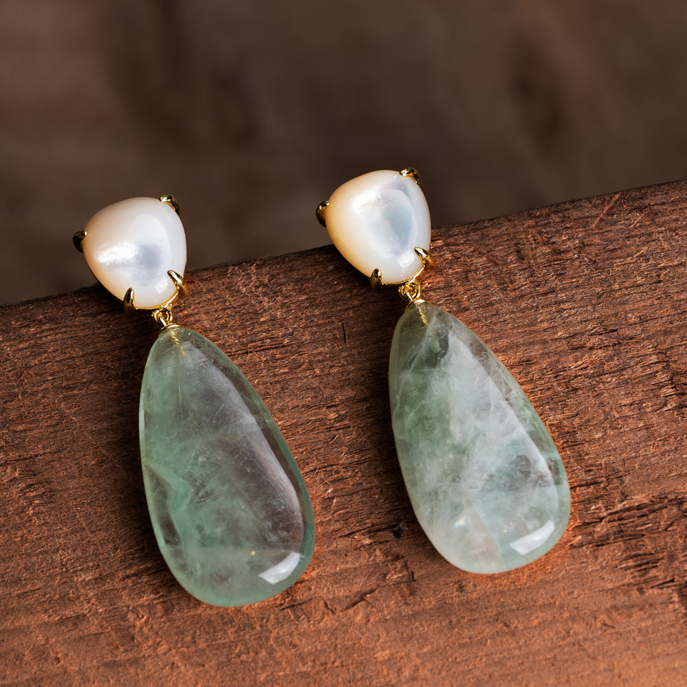 Natural stone earrings with green fluorite crystal