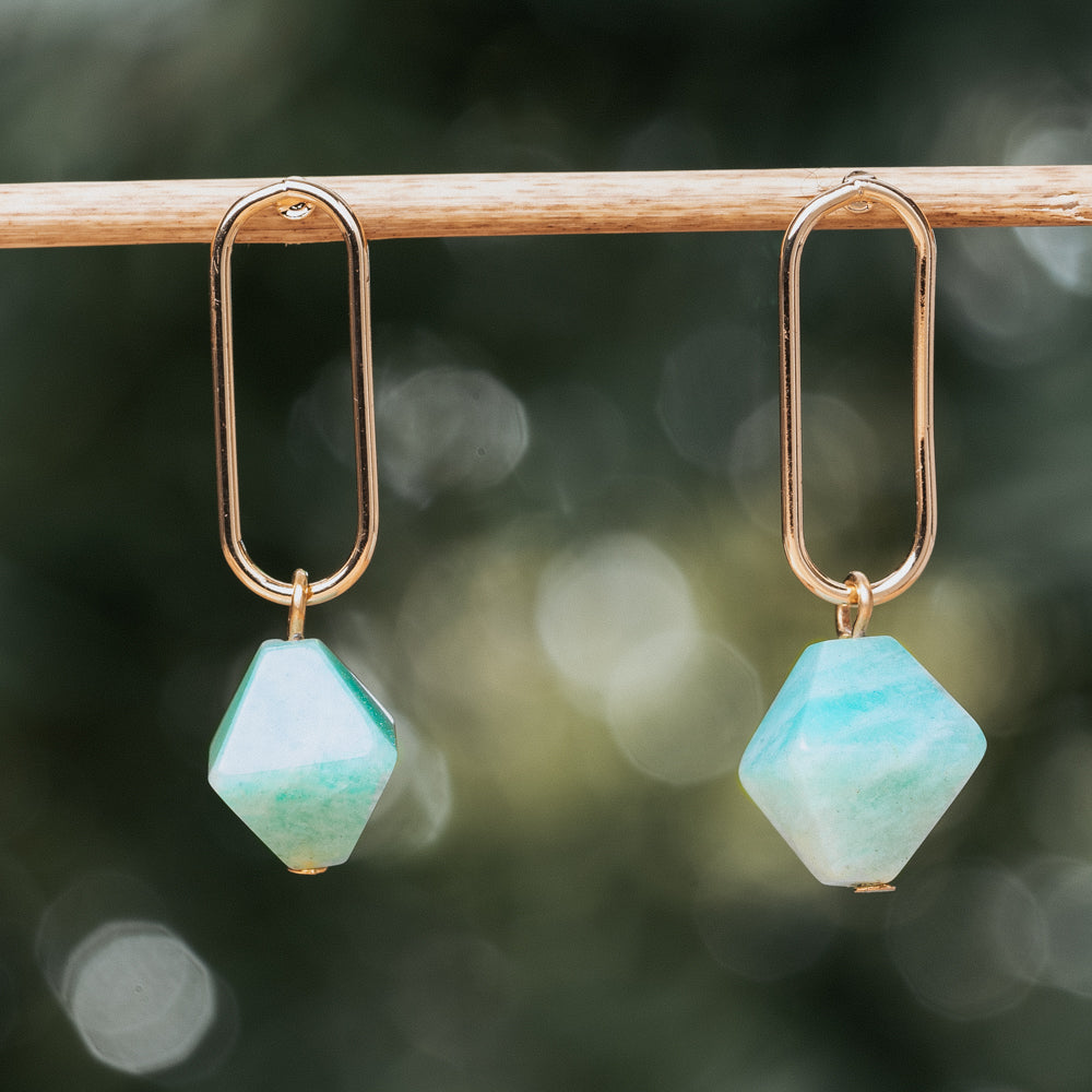 Blue and gold geometrical natural amazonite stone earrings