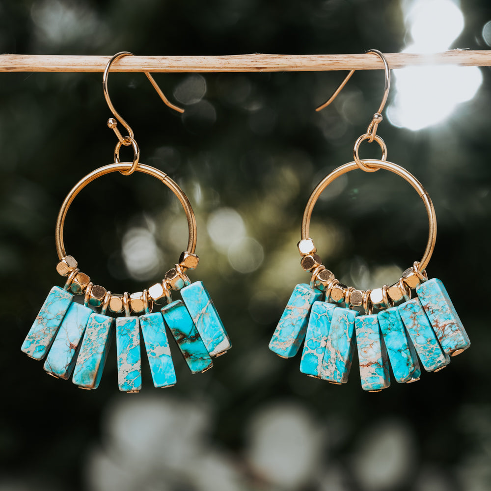 Blue turquoise stone hoop and dangle earrings for her