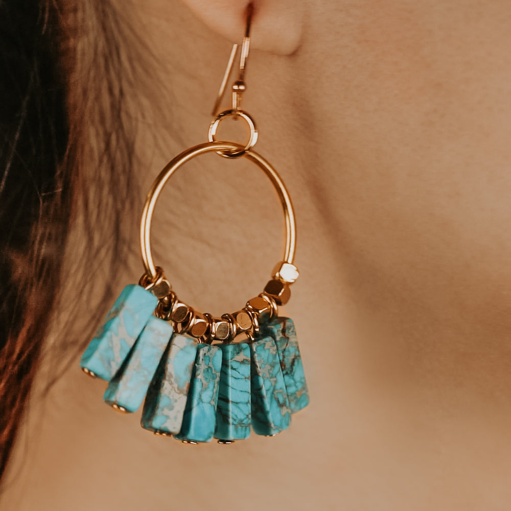 Treehut natural stone earrings with turquoise stone and gold hoop