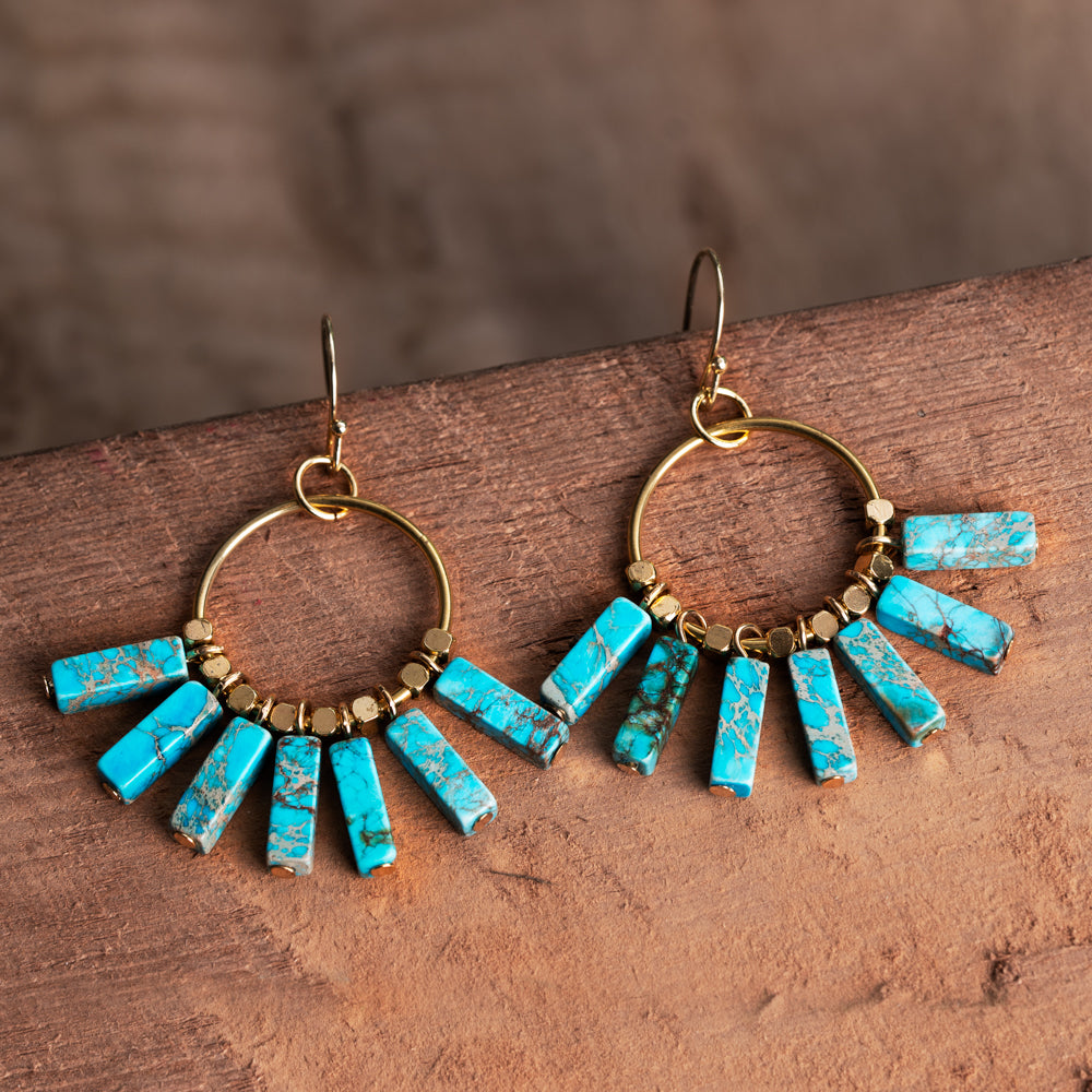 Natural handmade blue and gold earrings with stones for women