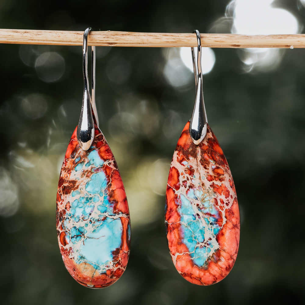 Treehut teardrop oval blue and red natural jasper stone earrings