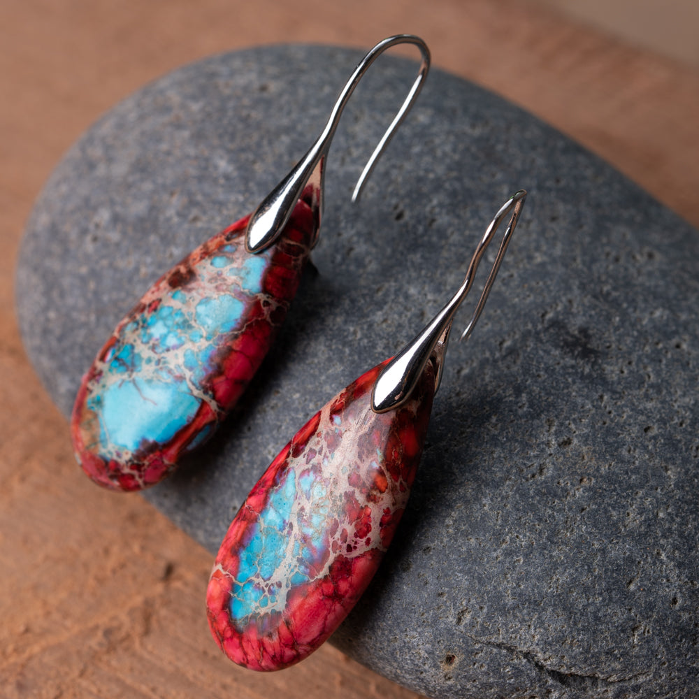 Red and blue natural jasper gemstone earrings