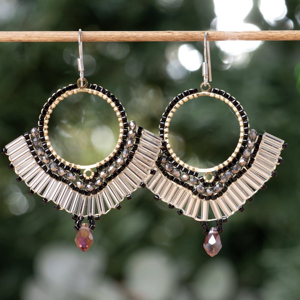 Treehut Silver and black handmade quartz crystal bead earrings