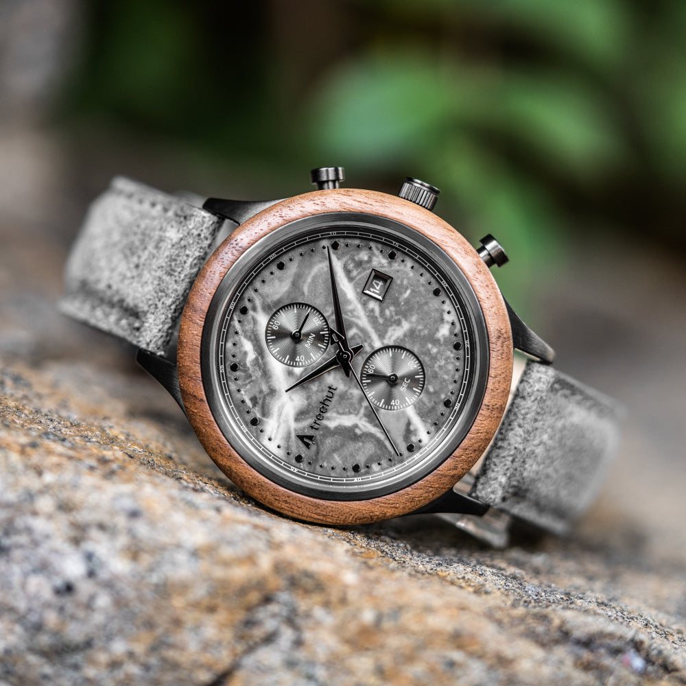 Rise Grey Marble Vegan Men's Stainless Steel Wooden Watch