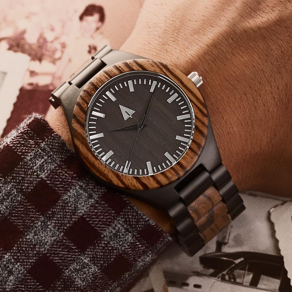Classic Black Stainless Zebrawood Theo Men's Wooden Watch